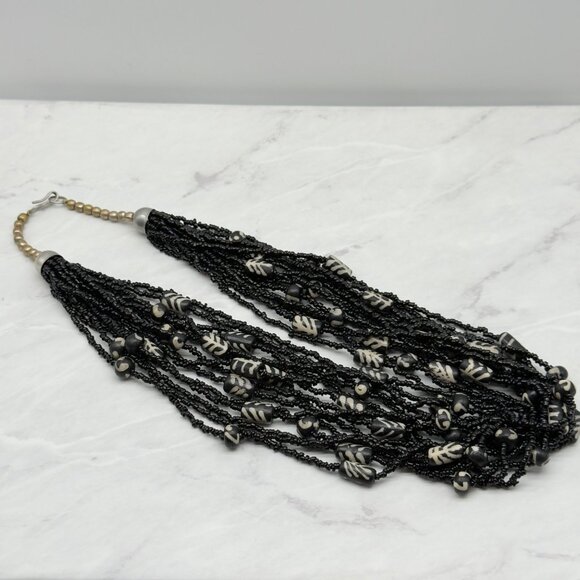 Vintage Multi-Strand Black Seed Beaded Necklace With Tribal Patterned Beads - Picture 5 of 9